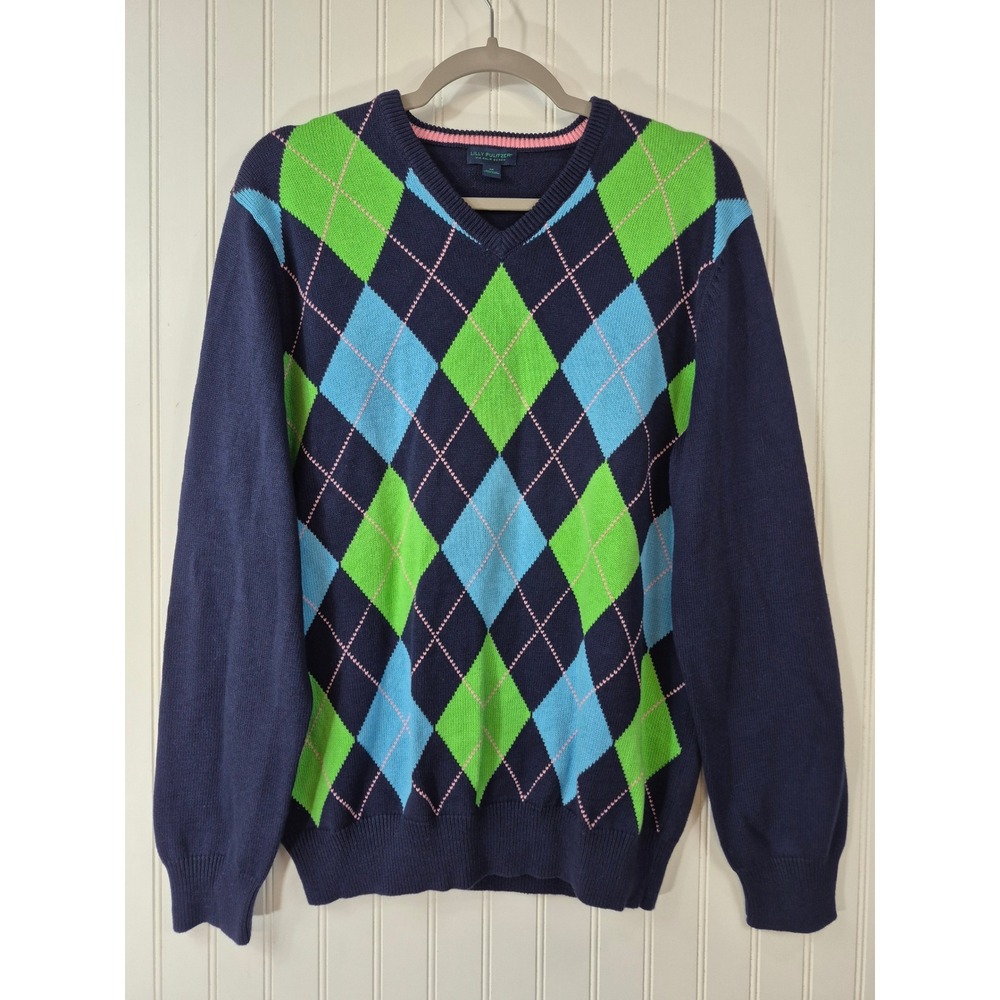 Lilly Pulitzer Mens Argyle V-Neck Sweater Navy Blue Green Cashmere Blend Medium
